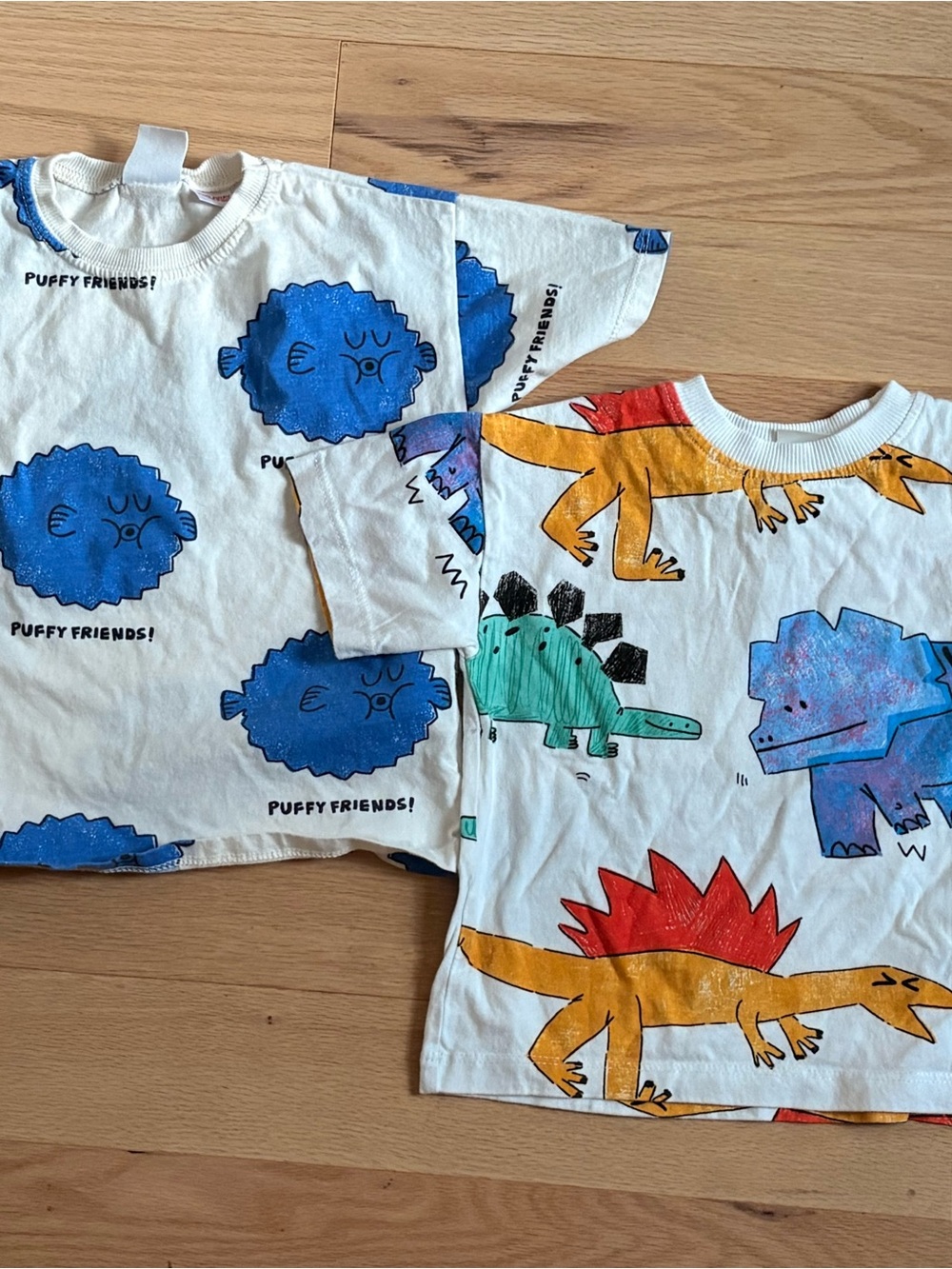 Zara White Kids Tee with Blue Puffy Friends and Multicolor Dinosaur Prints